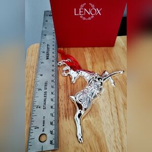 Lenox Sparkle And Scroll Multi-Crystal Reindeer Silverplate Ornament New in Box.